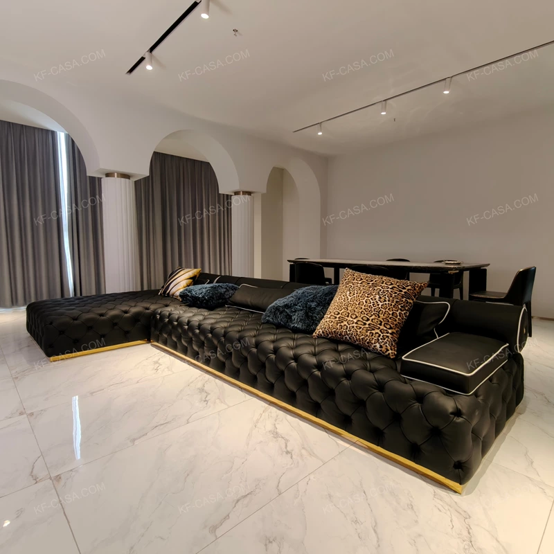 Luxury Modular Sofa Set with Handcrafted Diamond Tufted Craftsmanship, Premium Top-Grain Leather & Polished Gold Stainless Steel Base